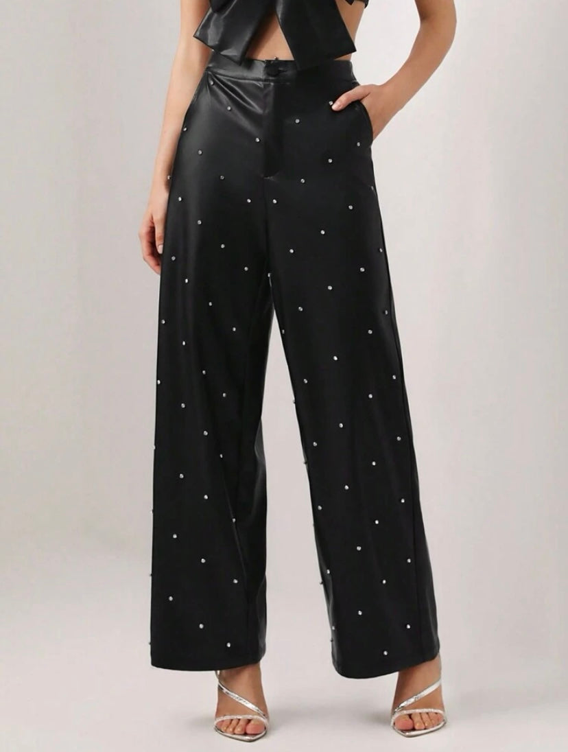 CM-BS985508 Women Elegant Seoul Style Rhinestone Detail Wide Leg Pants - Black