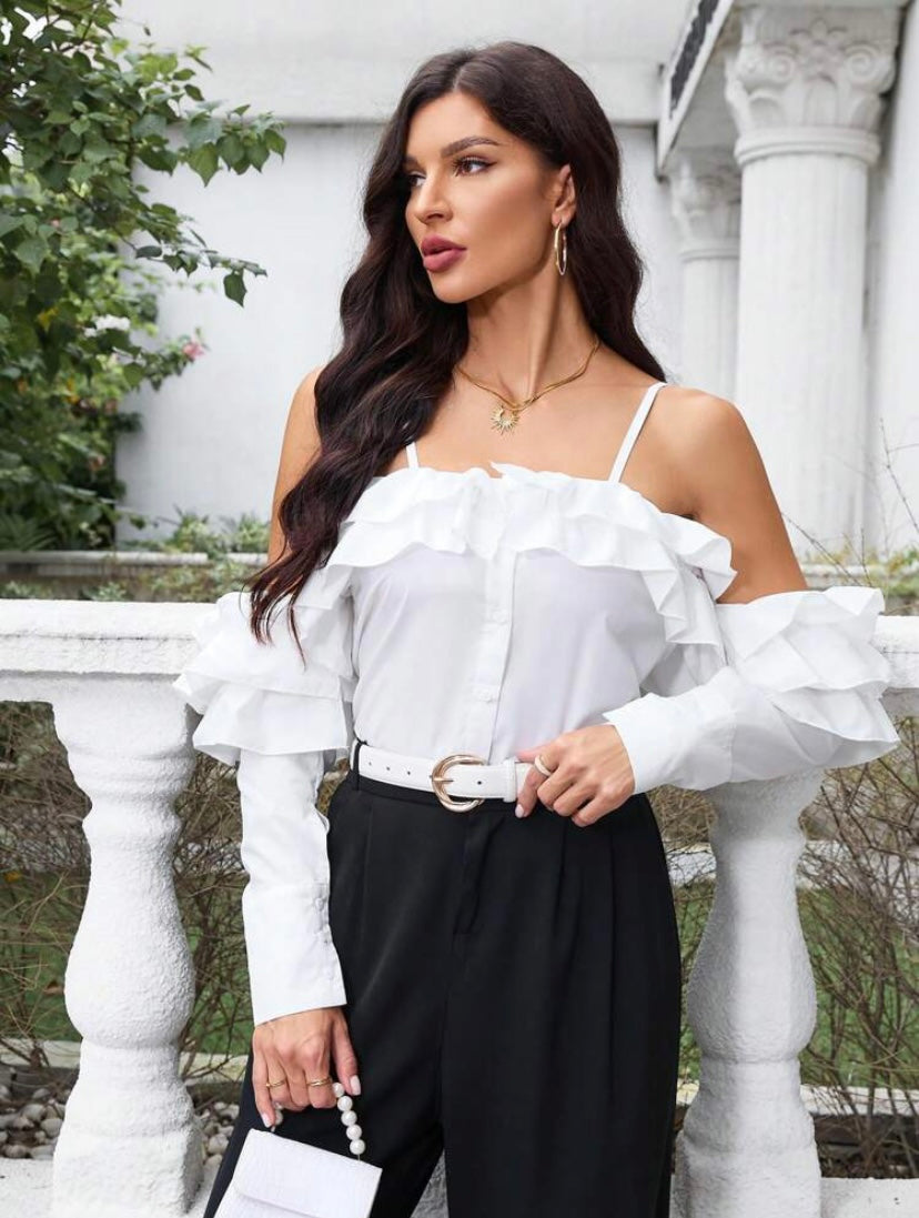 CM-TS108354 Women Elegant Seoul Style Cold Shoulder Long Sleeve Shirt With Ruffle Trim - White
