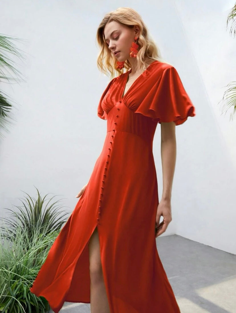 CM-DS356608 Women Elegant Seoul Style Butterfly Sleeve Button Front A-Line Dress - Burnt Orange