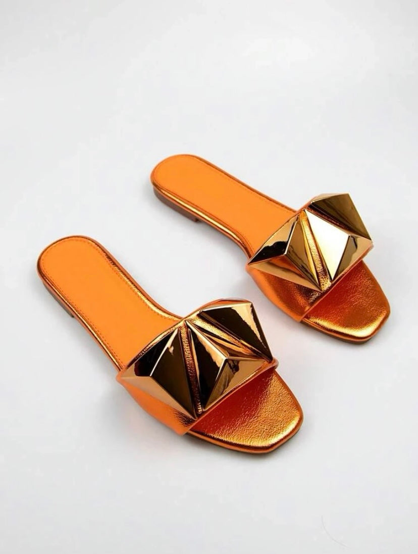 CM-SHS831911 Women Elegant Seoul Style Metallic Studded Decor Slide Sandals - Orange