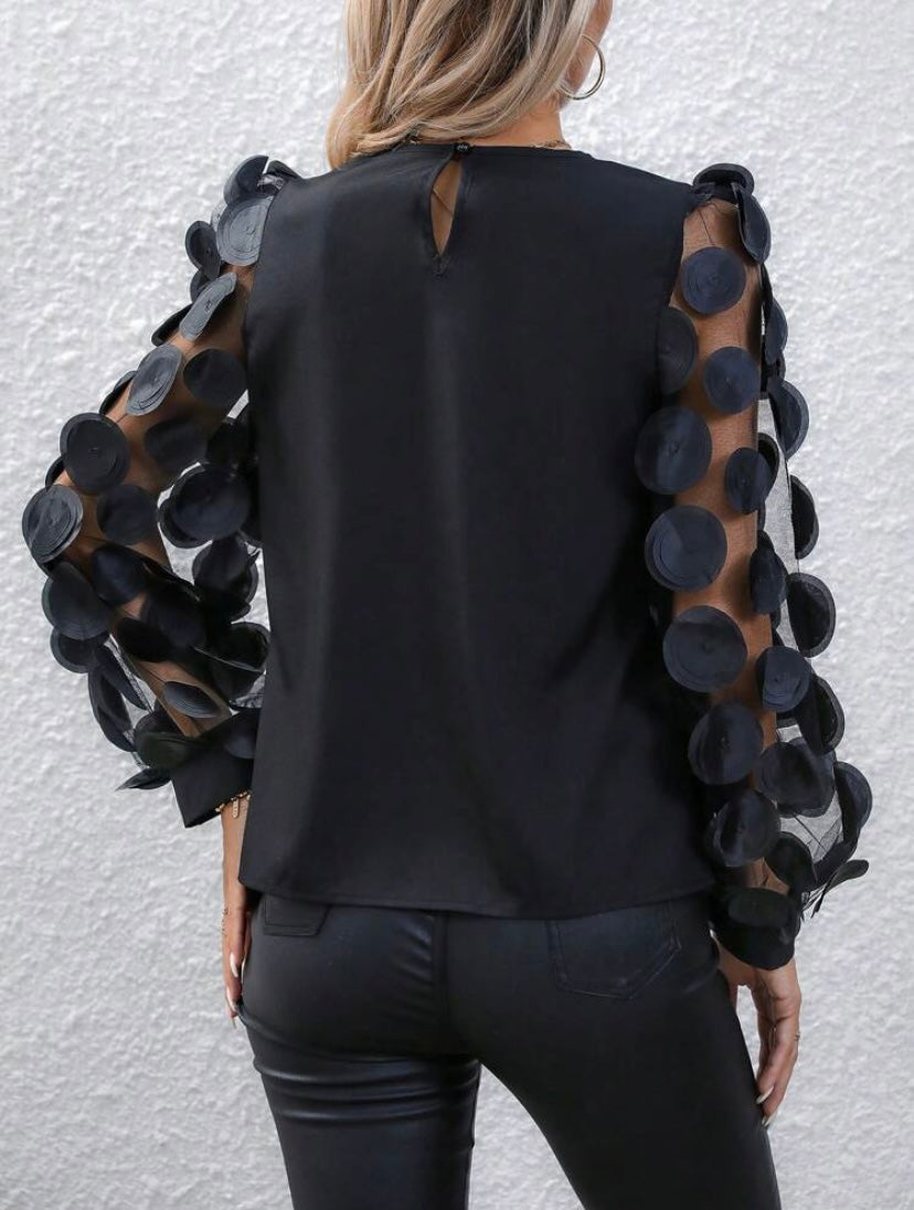 CM-TS817565 Women Casual Seoul Style Contrast Mesh Appliques Lantern Sleeve Blouse - Black