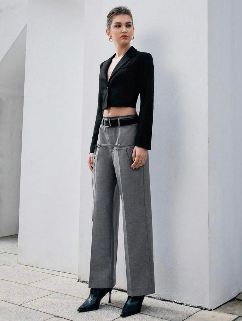 CM-BS899867 Women Elegant Seoul Style Zipper Fly Solid Straight Leg Pants - Gray