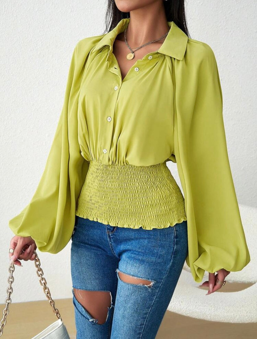 CM-TS066668 Women Casual Seoul Style Collar Neckline Lantern Sleeve Button Front Shirt