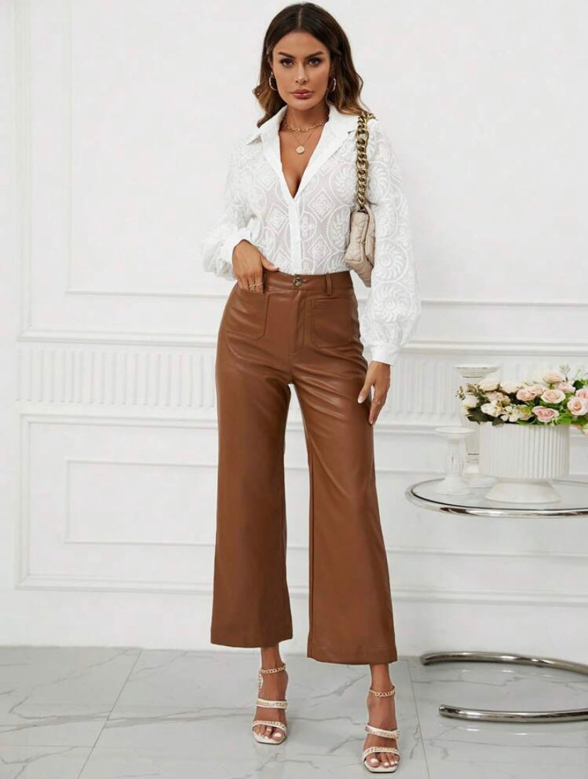 CM-BS505095 Women Casual Seoul Style High Waist PU Leather Wide Leg Pants - Brown