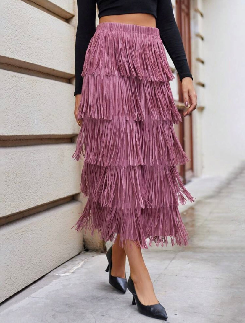 CM-BS188038 Women Elegant Seoul Style Solid Layered Fringe Trim Skirt - Dusty Pink