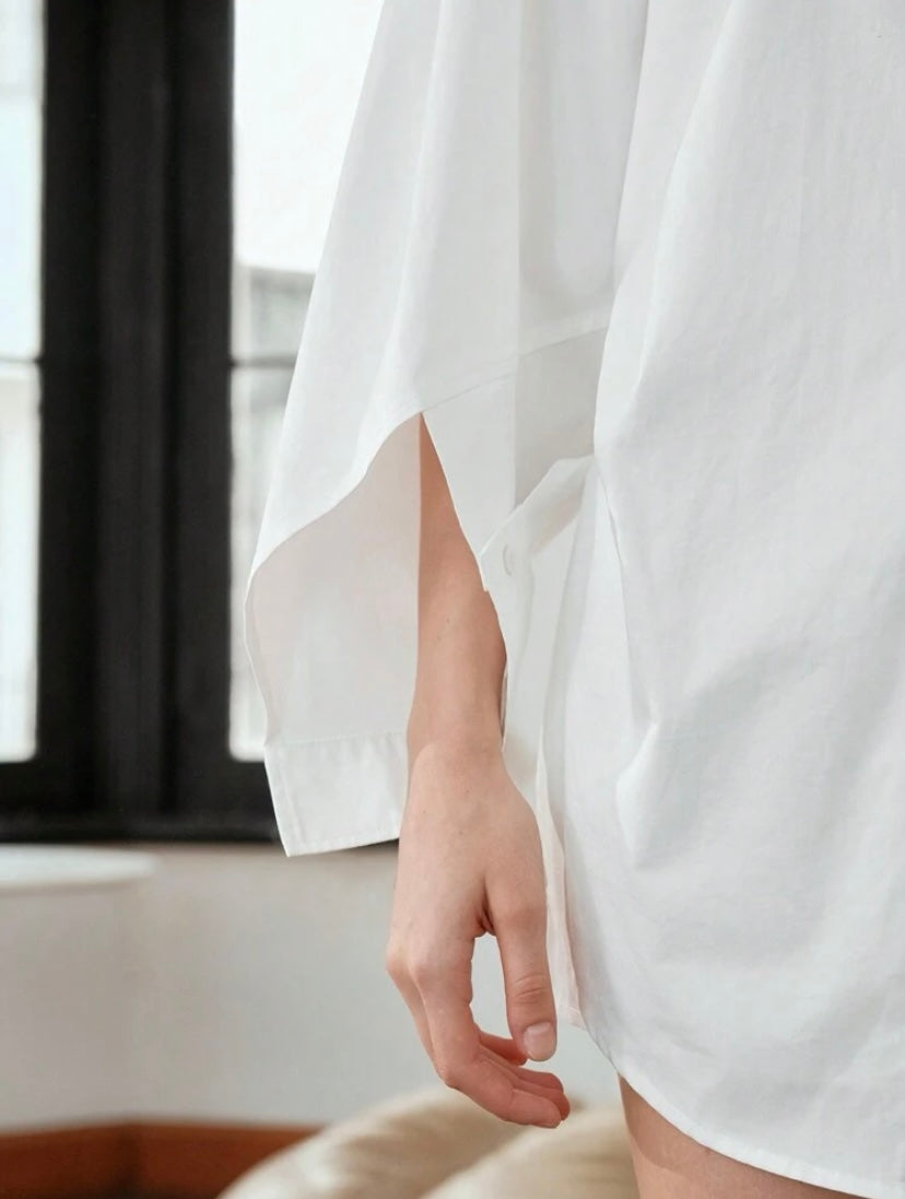 CM-TS300508 Women Elegant Seoul Style Solid Drop Shoulder Split Sleeve Shirt - White