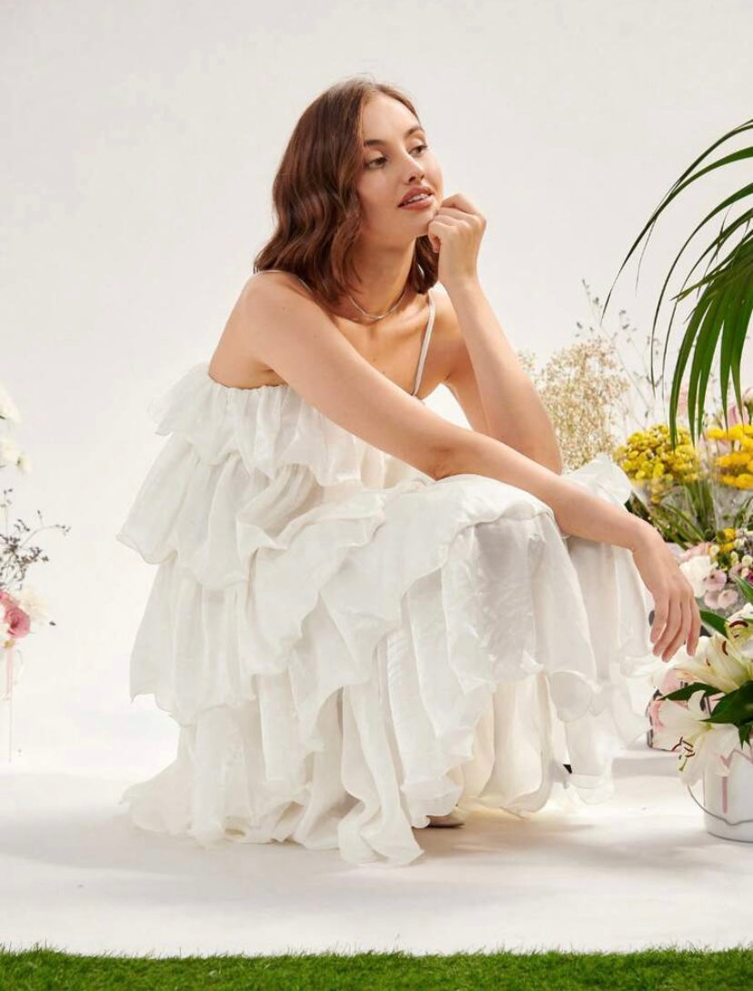 CM-DS026145 Women Elegant Seoul Style Sleeveless Solid Layered Cami Dress - White