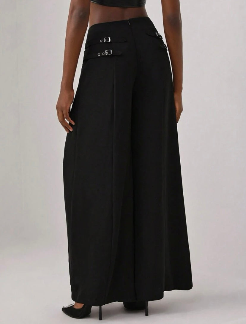 CM-BS514966 Women Elegant Seoul Style Split Thigh Wide Leg Pants - Black