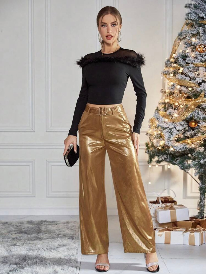 CM-BS988813 Women Elegant Seoul Style High Waist Belted Metallic Wide Leg Pants - Gold