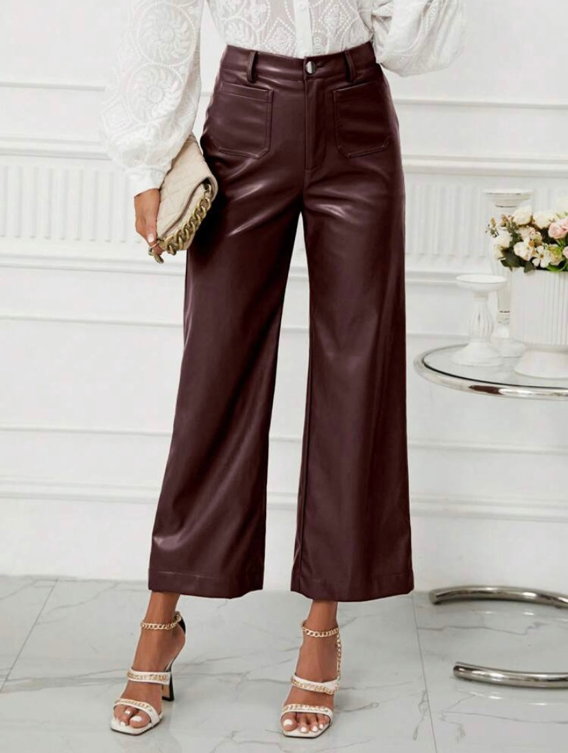 CM-BS596223 Women Casual Seoul Style High Waist PU Leather Wide Leg Pants - Chocolate Brown