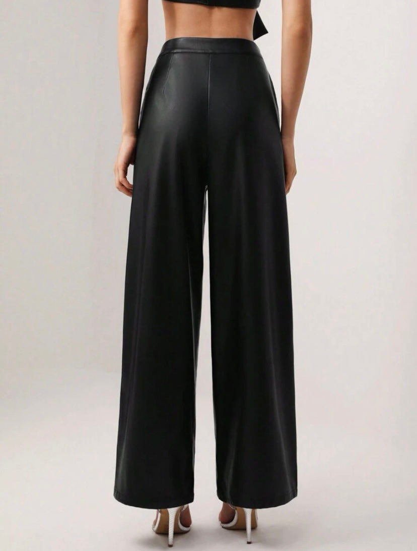 CM-BS985508 Women Elegant Seoul Style Rhinestone Detail Wide Leg Pants - Black