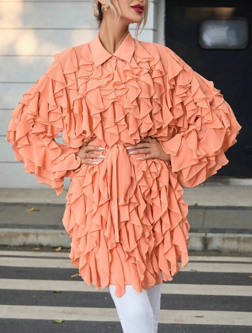 CM-TS355591 Women Casual Seoul Style Lantern Sleeve Ruffle Trim Belted Shirt