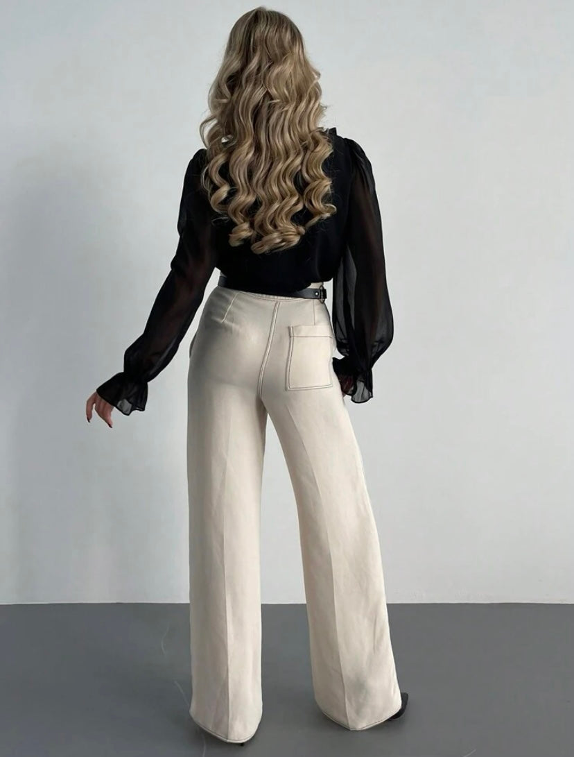 CM-TS320762 Women Elegant Seoul Style Flounce Sleeve Ruffle Trim Button Front Shirt