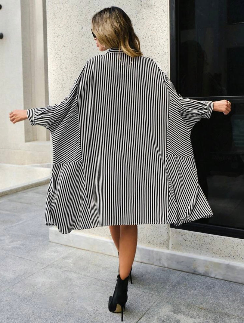 CM-DS664566 Women Casual Seoul Style Striped Print Roll Up Sleeve Button Front Shirt Dress