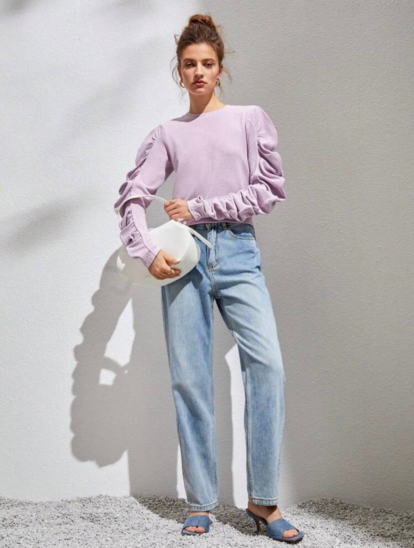 CM-TS667371 Women Casual Seoul Style Round Neck Ruched Puff Sleeve Tee - Mauve Purple