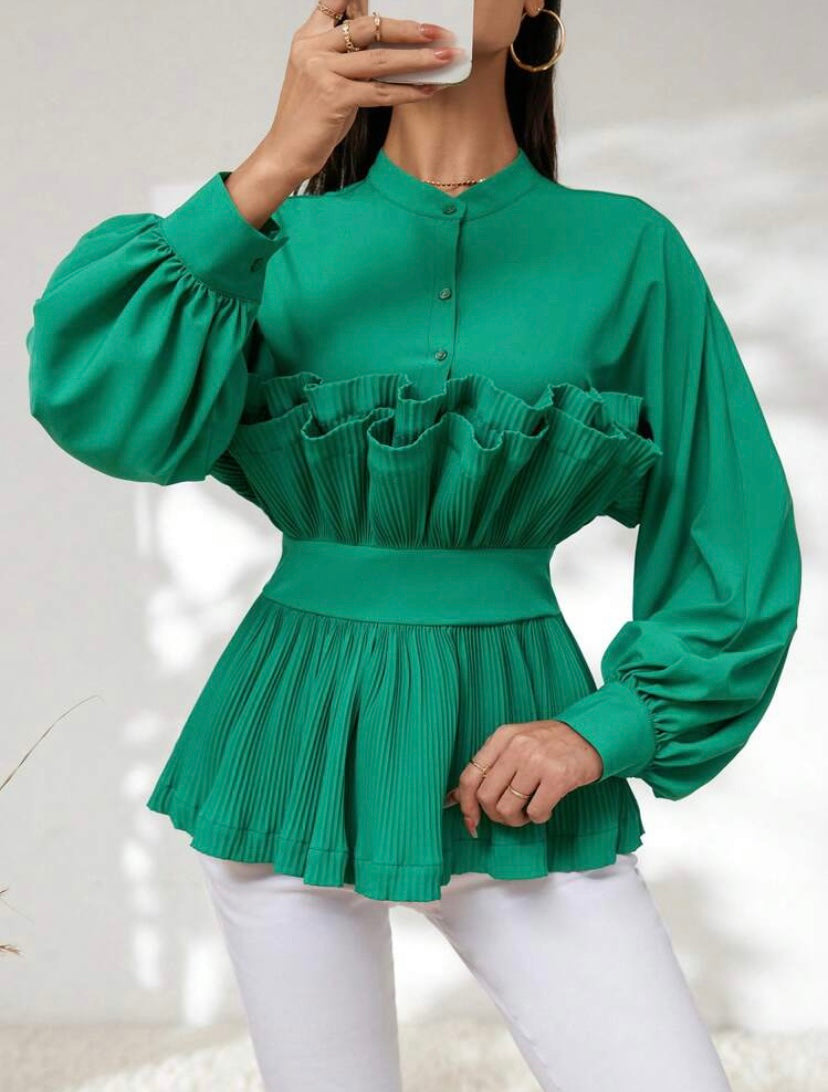 CM-TS240043 Women Elegant Seoul Style Ruffle Trim Lantern Sleeve Peplum Blouse - Dark Green