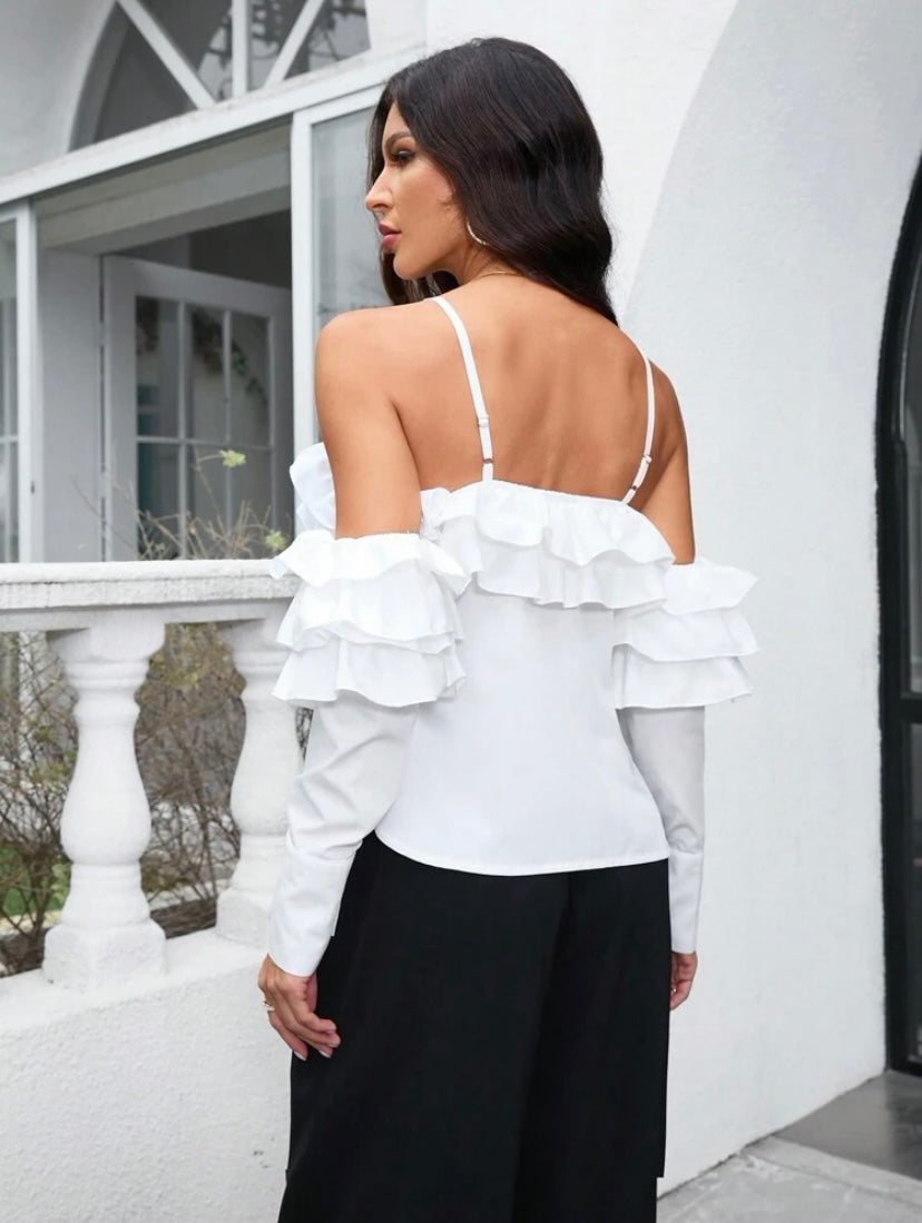 CM-TS108354 Women Elegant Seoul Style Cold Shoulder Long Sleeve Shirt With Ruffle Trim - White