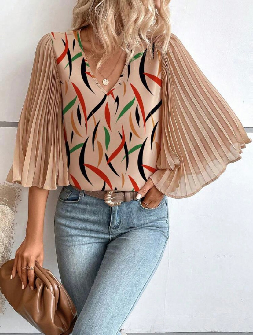 CM-TS391613 Women Casual Seoul Style Graphic Print Pleated Trumpet Sleeve Blouse