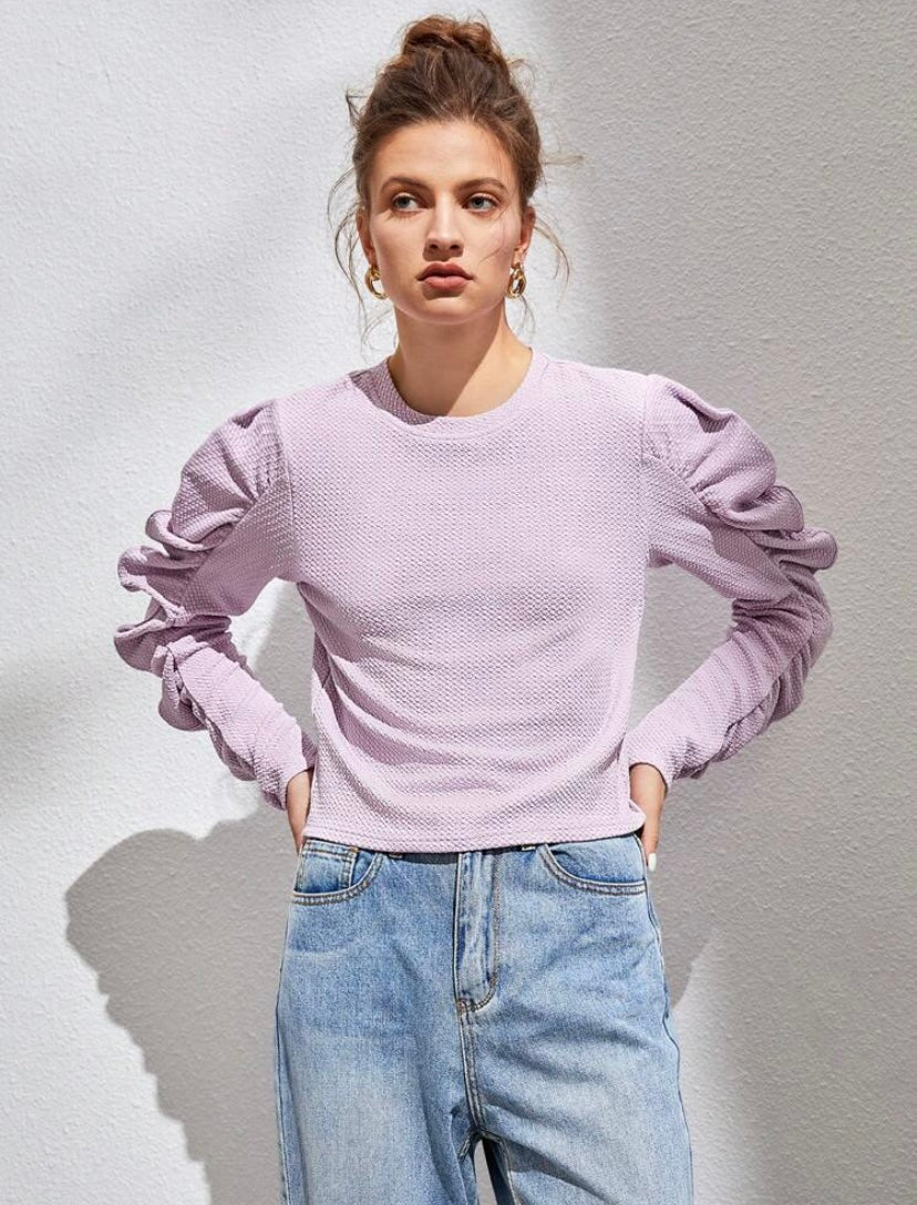 CM-TS667371 Women Casual Seoul Style Round Neck Ruched Puff Sleeve Tee - Mauve Purple