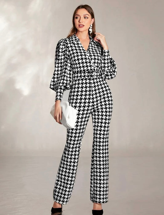CM-JS376936 Women Elegant Seoul Style Houndstooth Lantern Sleeve Flare Leg Jumpsuit