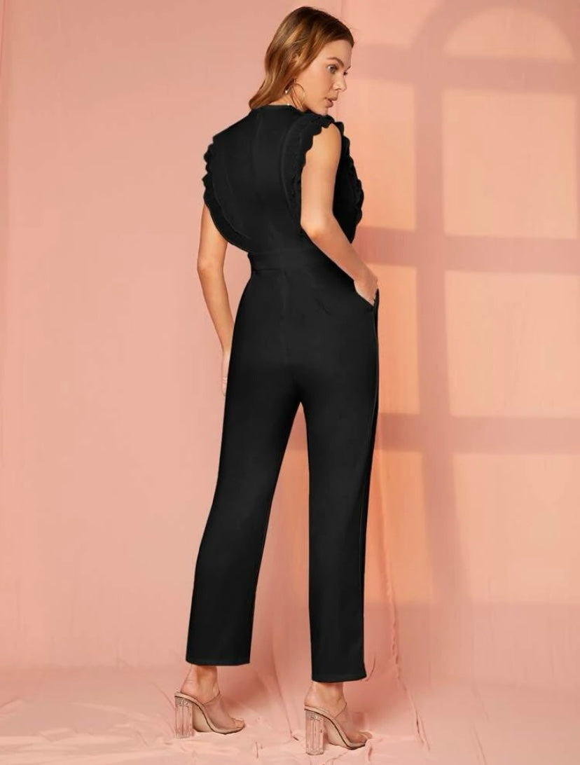 CM-JS833991 Women Elegant Seoul Style Plunging Ruffle Armhole Solid Jumpsuit - Black