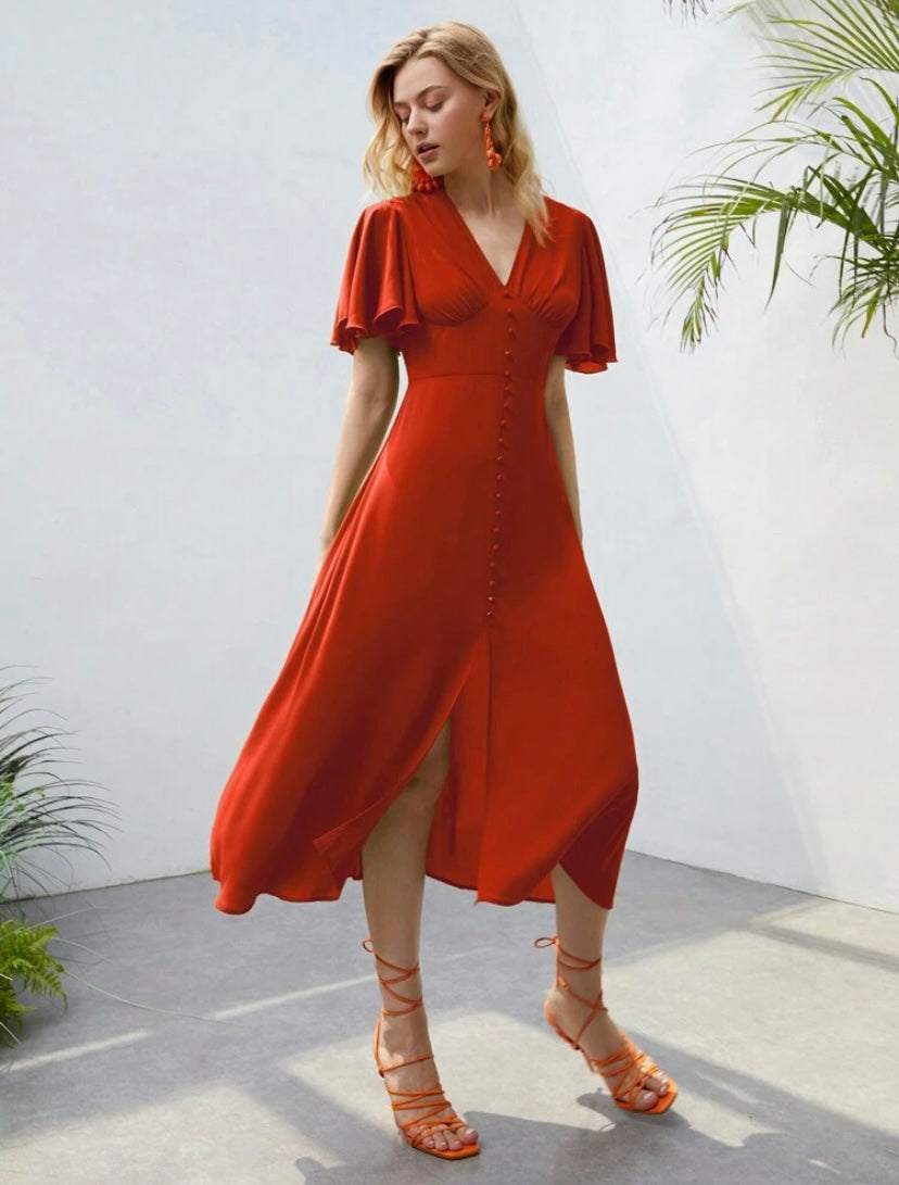 CM-DS356608 Women Elegant Seoul Style Butterfly Sleeve Button Front A-Line Dress - Burnt Orange