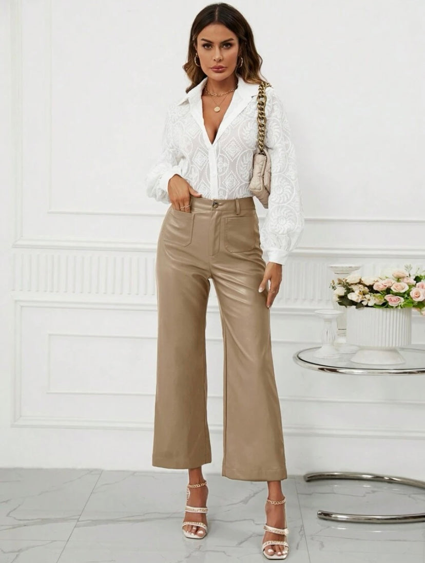 CM-BS549609 Women Casual Seoul Style High Waist PU Leather Wide Leg Pants - Camel