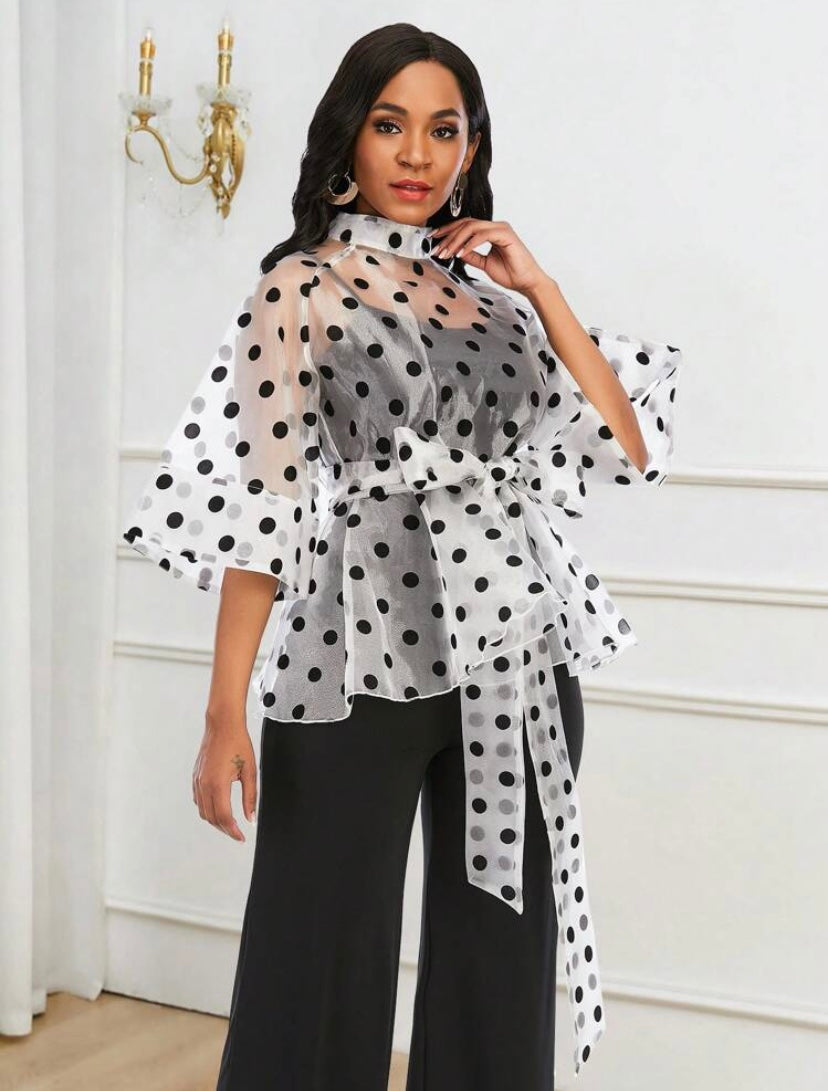 CM-TS086051 Women Elegant Seoul Style Polka Dot Belted Organza Top - White