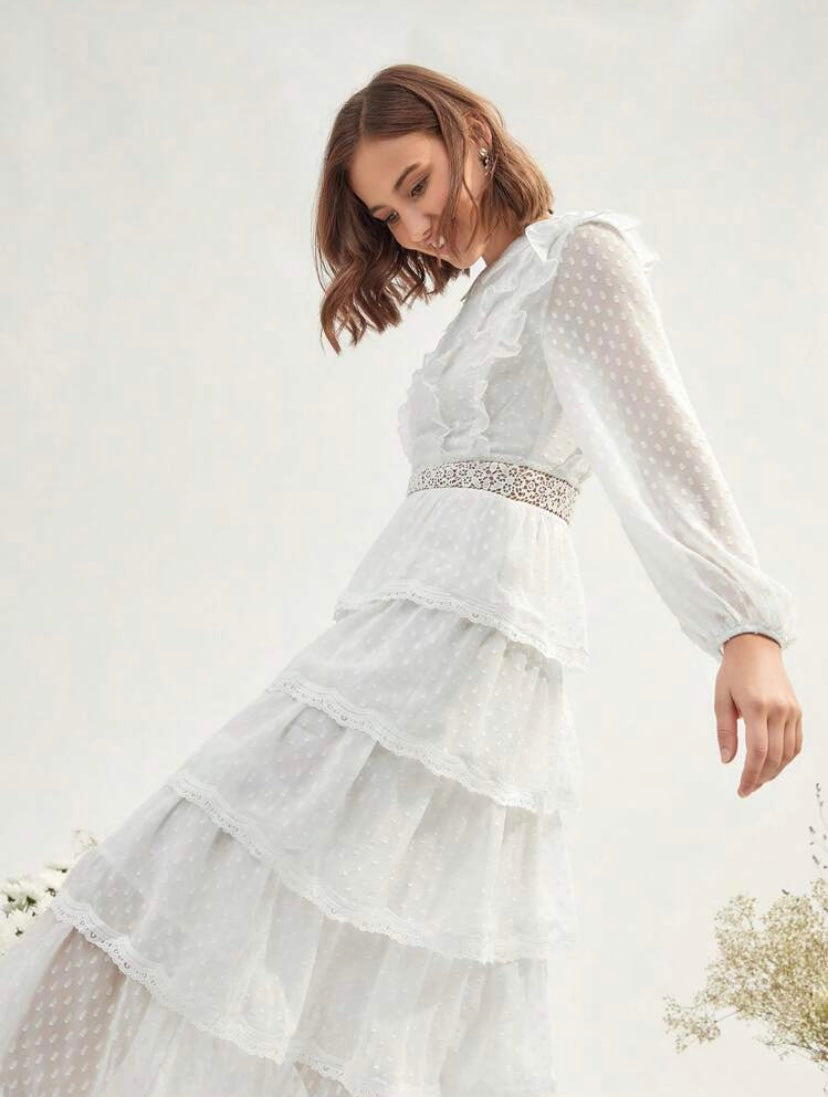 CM-DS095840 Women Elegant Seoul Style Swiss Dot Ruffle Trim Lantern Sleeve Layered Hem Dress