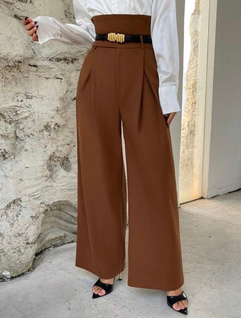 CM-BS052776 Women Elegant Seoul Style High Waist Plicated Detail Wide Leg Pants