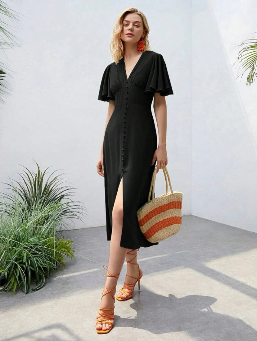 CM-DS347699 Women Elegant Seoul Style Butterfly Sleeve Button Front A-Line Dress - Black