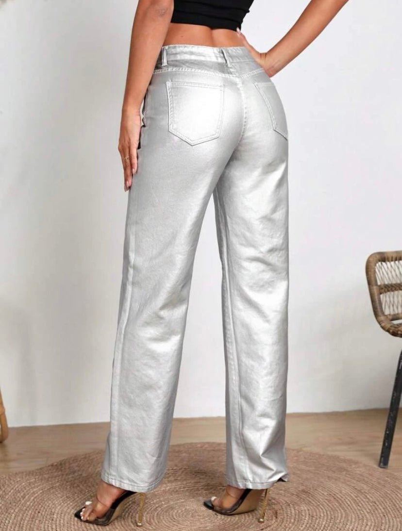 CM-BS411783 Women Elegant Seoul Style Zipper Fly Loose Straight Leg Jeans - Silver
