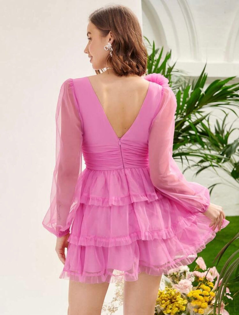 CM-DS046415 Women Elegant Seoul Style Plunging Neck Lantern Sleeve Ruffle Hem Organza Dress