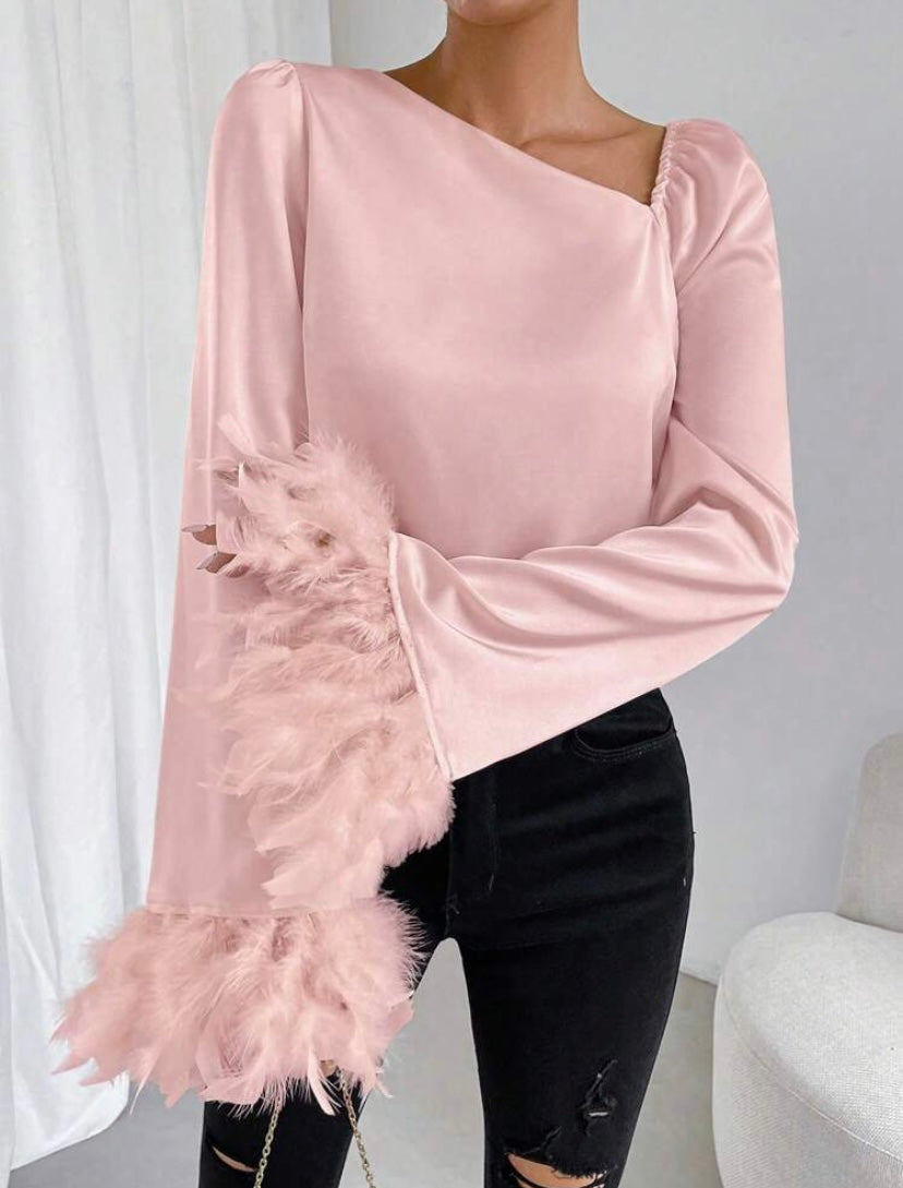 CM-TS892309 Women Elegant Seoul Style Asymmetrical Neck Fuzzy Cuff Satin Blouse - Pink