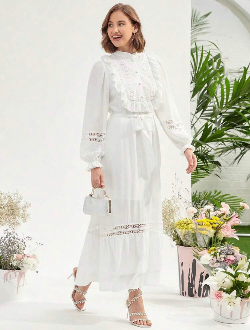 CM-DS130431 Women Elegant Seoul Style Contrast Lace Ruffle Trim Belted Ruffle Hem Dress