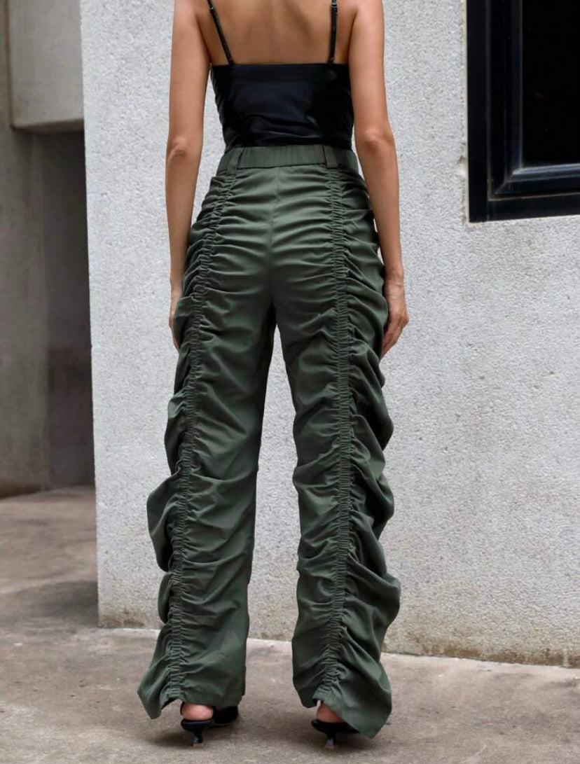 CM-BS287798 Women Trendy Bohemian Style High Waist Ruched Stacked Pants - Green