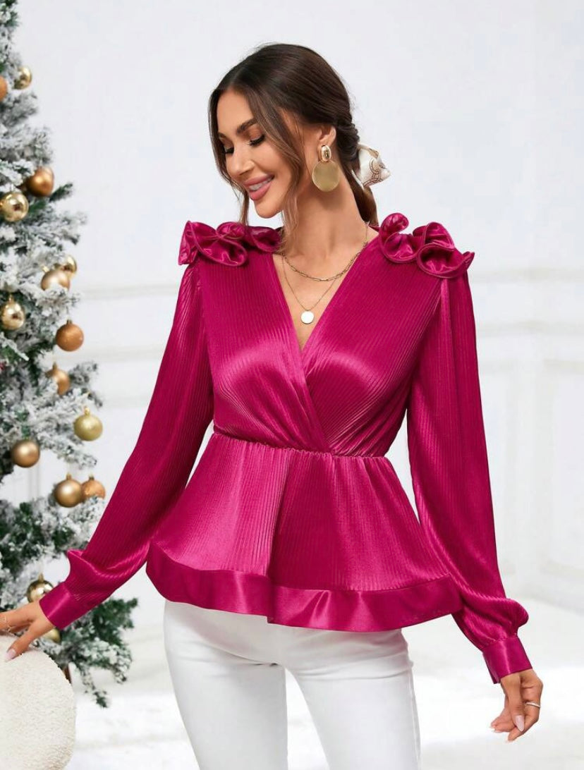 CM-TS189618 Women Elegant Seoul Style Ruffle Trim Lantern Sleeve Peplum Blouse - Hot Pink