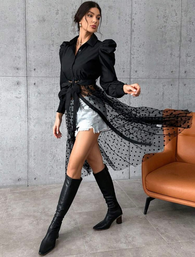 CM-TS819715 Women Casual Seoul Style Dobby Mesh Overlay Belted Blouse - Black