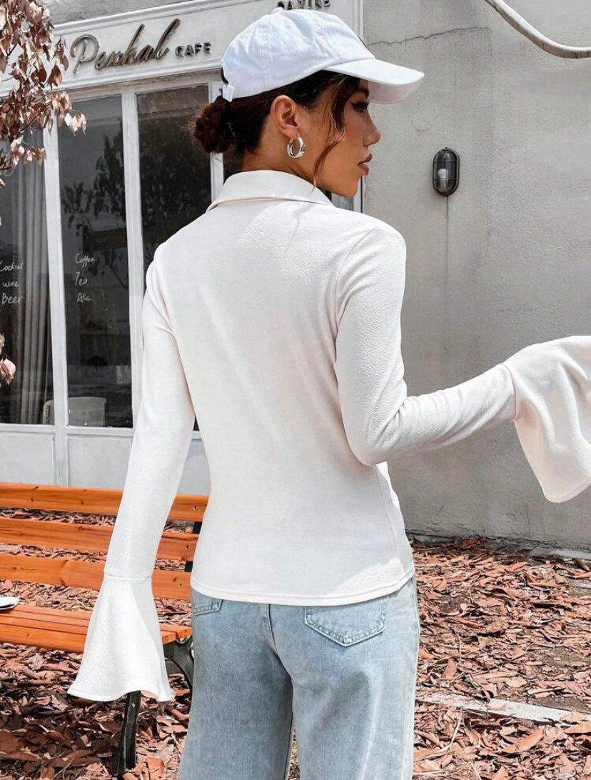 CM-TS289132 Women Casual Seoul Style Ruched Front Flounce Sleeve Blouse - Beige