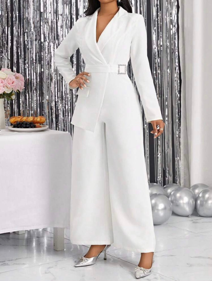 CM-JS207700 Women Elegant Seoul Style Lapel Neck Flap Pocket Buckle Detail Jumpsuit - White