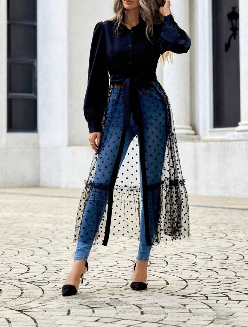 CM-TS556510 Women Trendy Bohemian Style Polka Dot Flocked Mesh Hem Belted Shirt - Black