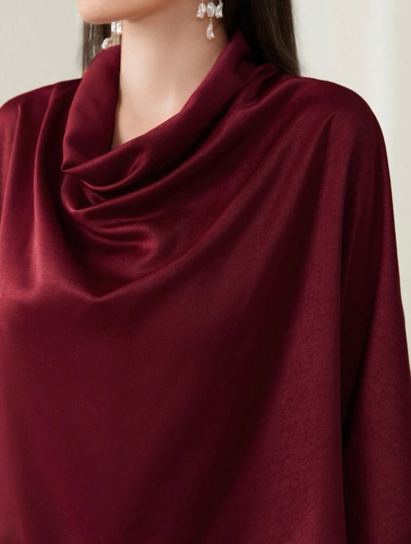 CM-TS824289 Women Elegant Seoul Style Draped Collar Asymmetrical Hem Blouse - Burgundy