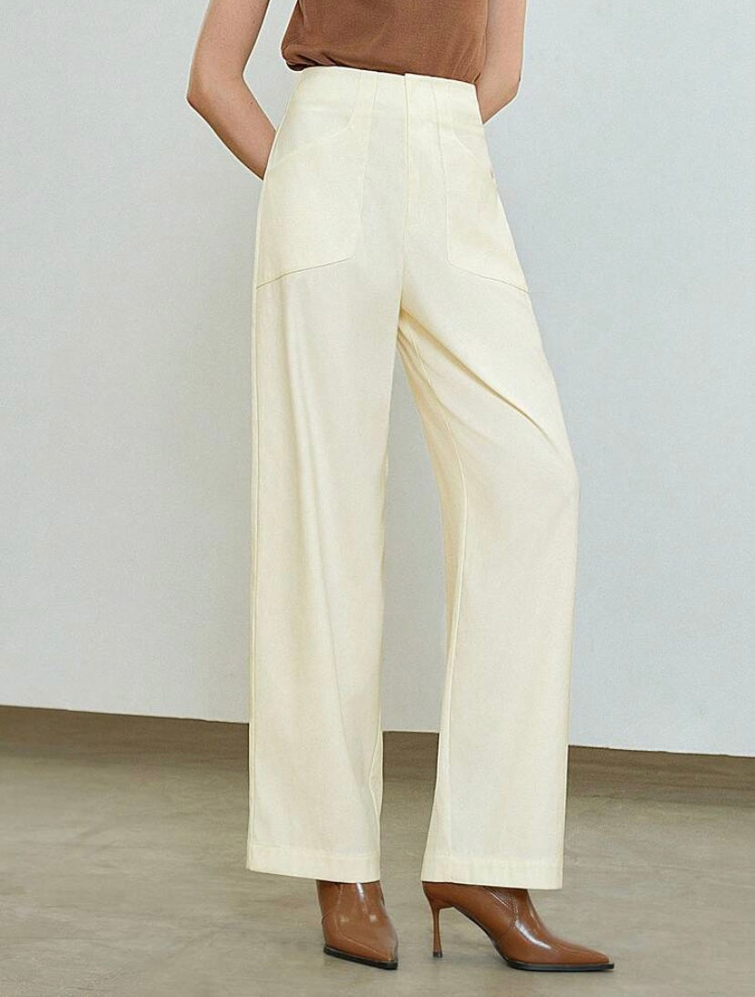 CM-BS819303 Women Casual Seoul Style Slant Pocket Straight Leg Pants - White