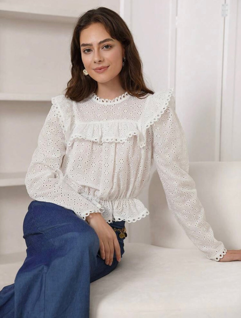CM-TS819169 Women Trendy Bohemian Style Stand Collar Ruffle Trim Schiffy Peplum Top