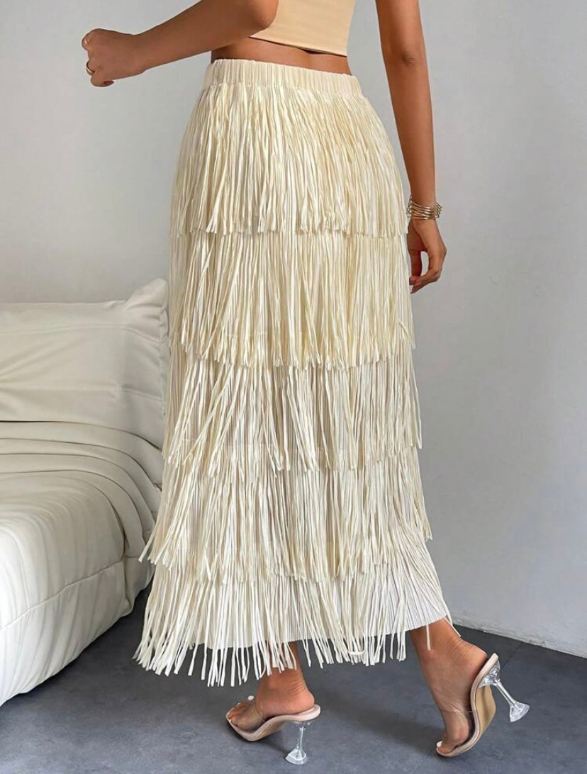 CM-BS377751 Women Elegant Seoul Style Solid Layered Fringe Trim Skirt - Beige