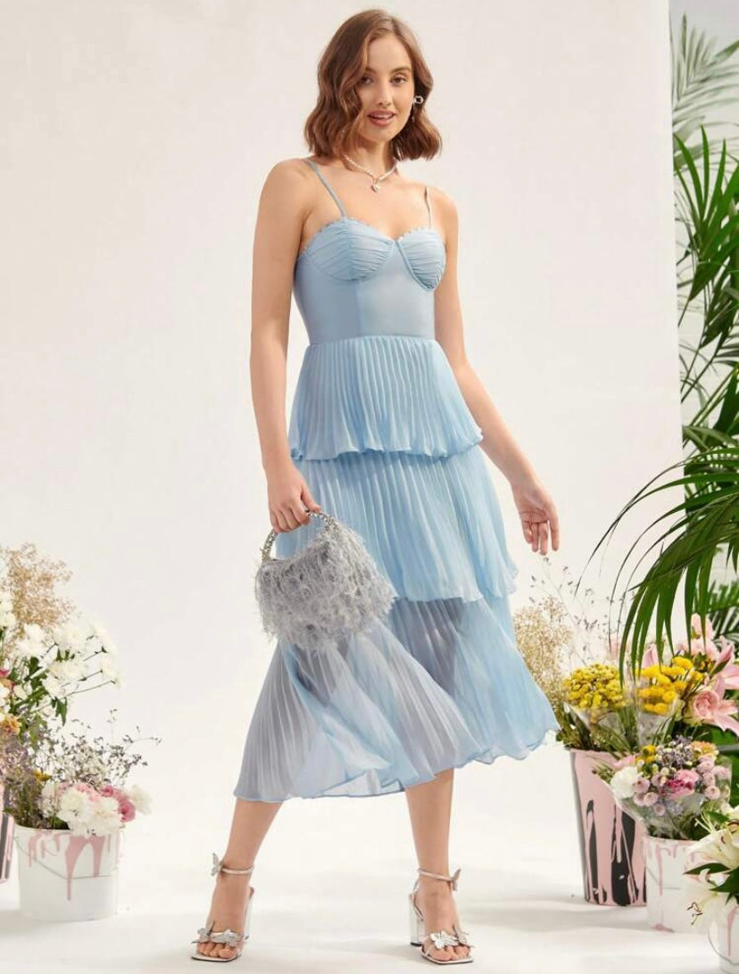 CM-DS481868 Women Elegant Seoul Style Layered Pleated Hem Cami Dress - Blue