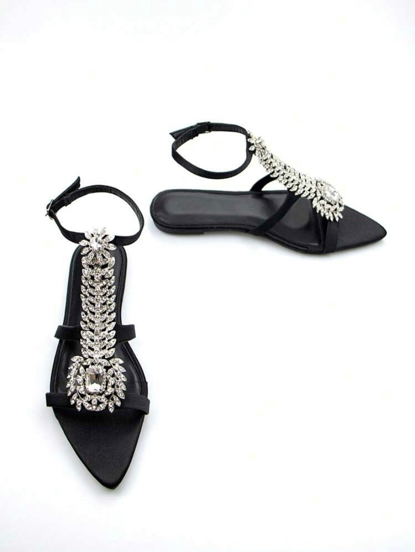 CM-SHS387057 Women Elegant Seoul Style Rhinestone Chain Buckle Slingback Flat Sandals - Black
