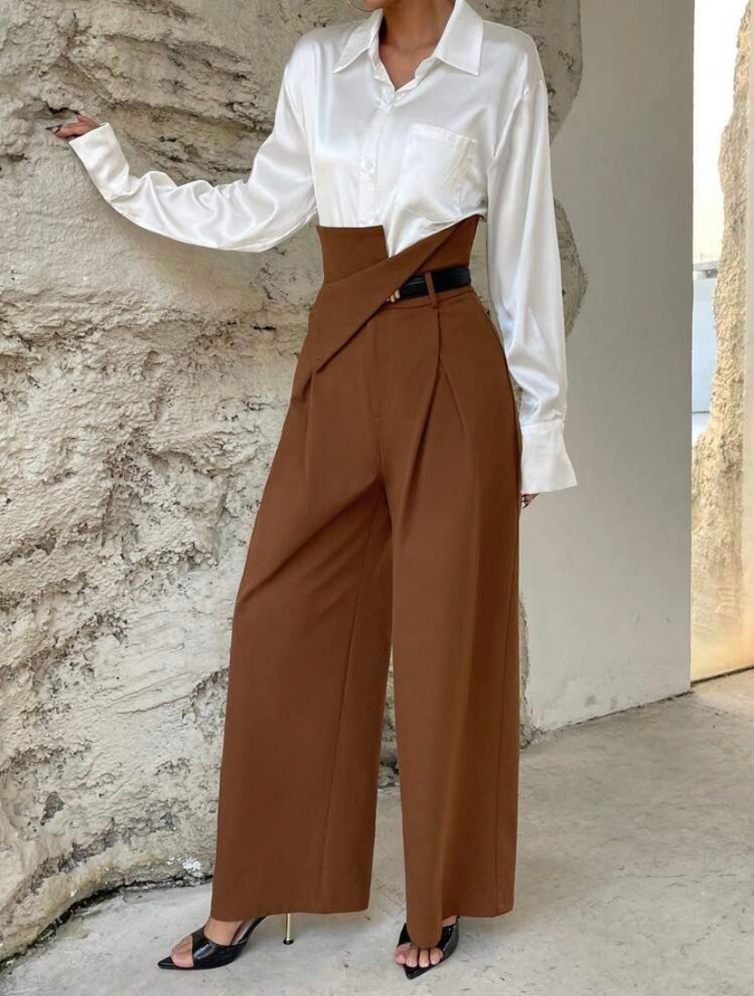 CM-BS052776 Women Elegant Seoul Style High Waist Plicated Detail Wide Leg Pants