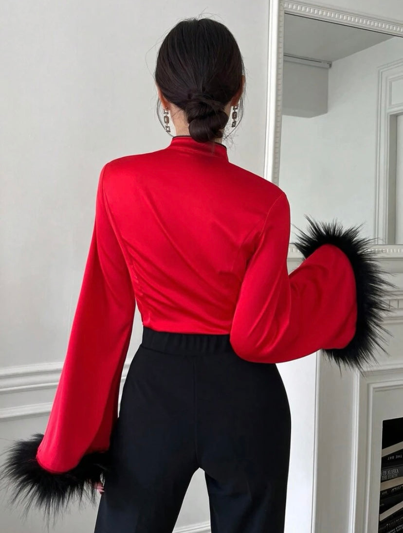 CM-TS119182 Women Elegant Seoul Style Keyhole Neck Fuzzy Cuff Trumpet Sleeve Blouse
