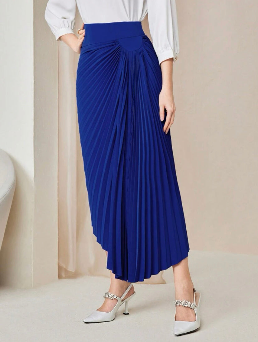 CM-BS692083 Women Elegant Seoul Style Solid Asymmetrical Hem Pleated Skirt - Blue